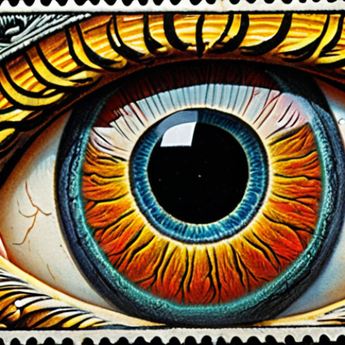 Home 19 **Rare Stamp Close-up:** A macro shot of a "Bull's Eye" (Olho de Boi) stamp from 1843 in pristine condition, showcasing intricate details and vibrant colors. Emphasize rarity and historical significance.