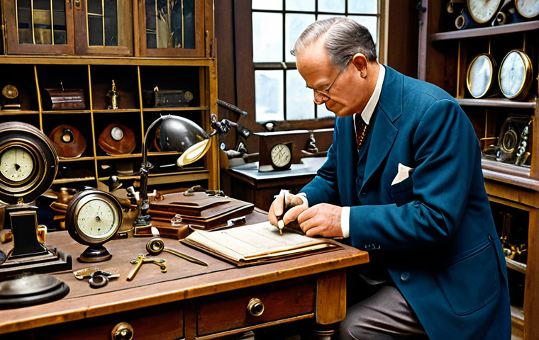 전문가 인터뷰  수집품 가치 평가 - Authenticity Verification**

"A distinguished antiques appraiser, fully clothed in professional atti...