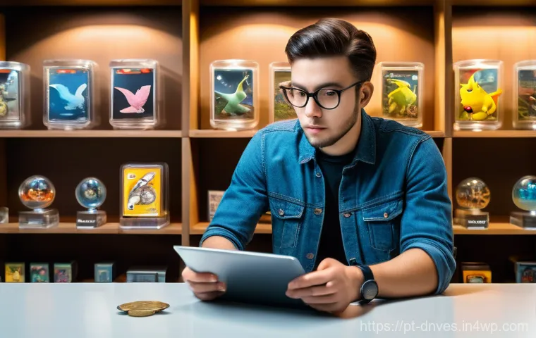 수집품 투자자들을 위한 리서치 방법 - **Prompt:** A young adult collector, approximately 25 years old, with a focused and studious express...