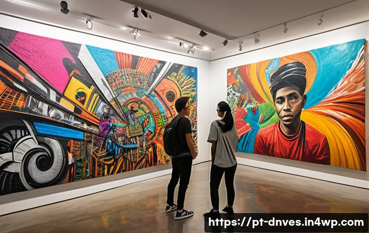 수집품 투자 포트폴리오 구성 방법 - A high-resolution image of a contemporary art gallery featuring vibrant street art murals by emergin...